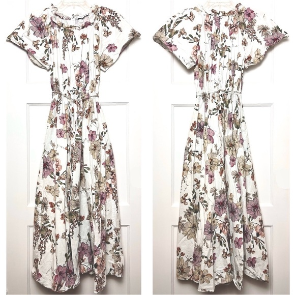 ADAM LIPPES Floral Short Sleeve Ruffle Trim Cinch Tie Waist Shirred Maxi Dress 4 - Picture 3 of 6